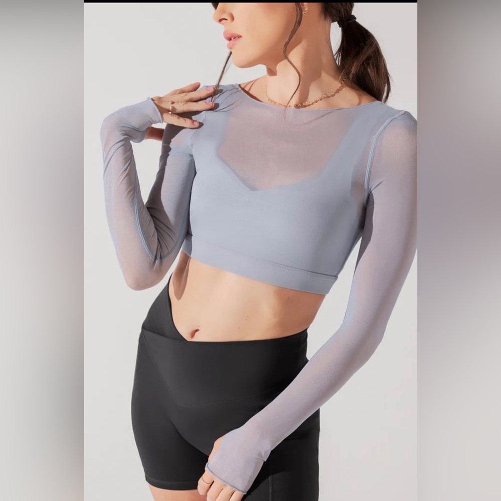 POPFLEX Coquette Long-Sleeve Mesh Bra Top - Blue Stone